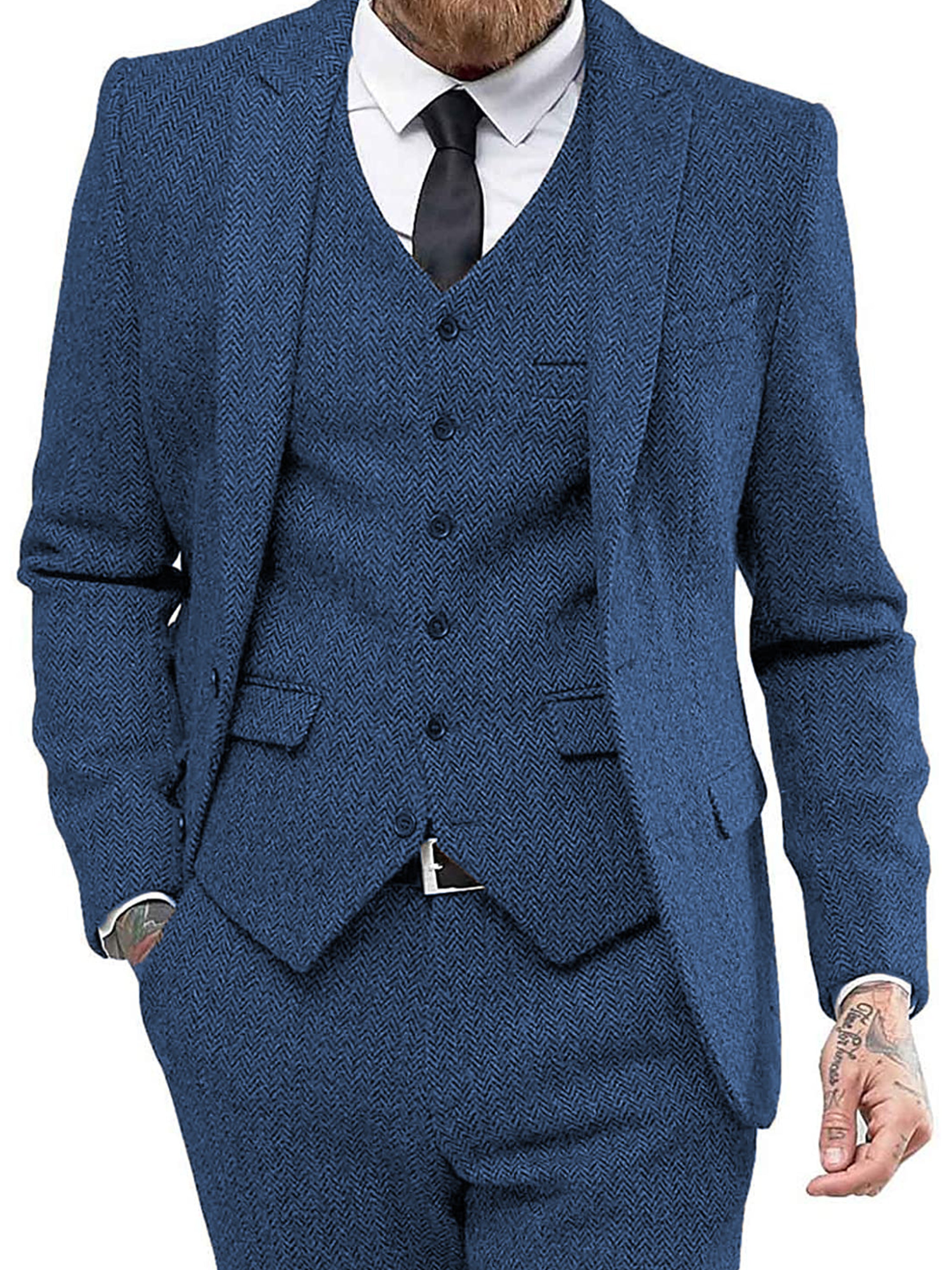 Retro 3 Stück Herren Slim Fit Tweed Herringbone Bräutigam Smokings Prom Anzüge