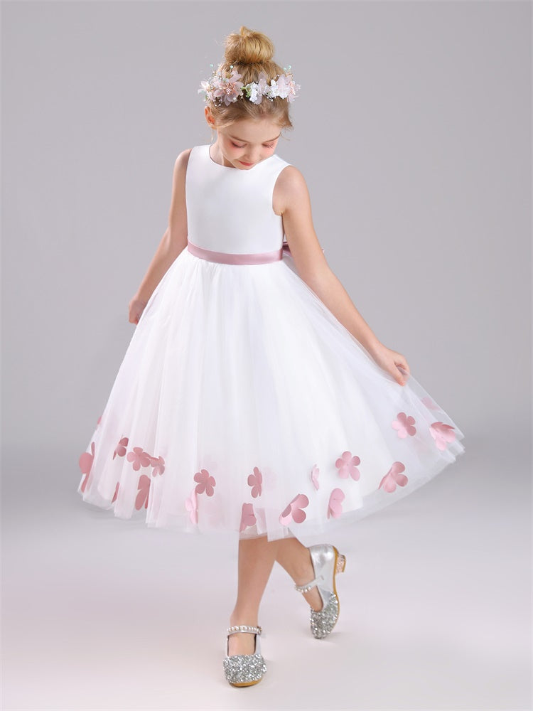 A-Linie Rundhalsausschnitt ärmelloses Tee Länge Satin Blumenmädchen Kleid mit Bowknot