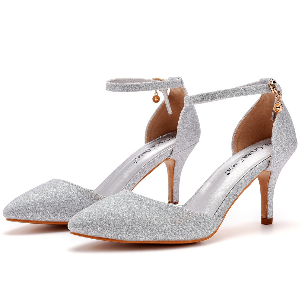 Einfache Glitzer Spitz Zulaufender Stiletto Knöchelriemen High Heels