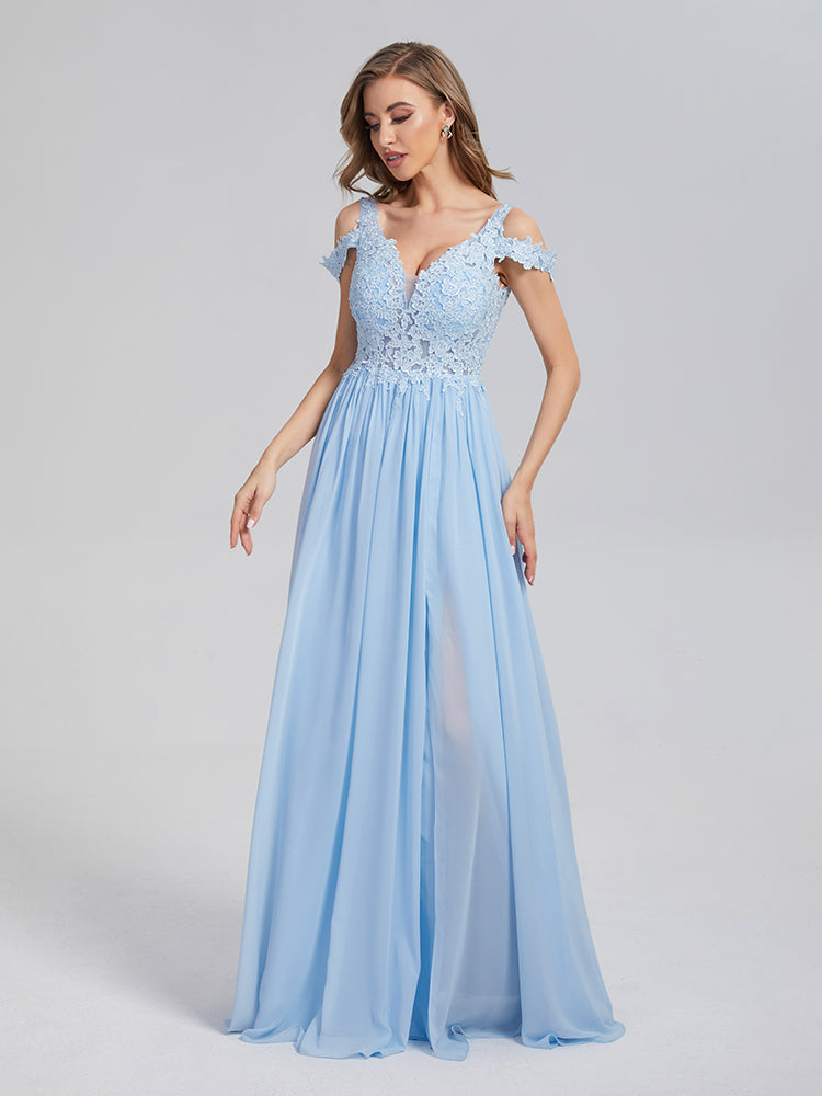 Schulterfreie Chiffon Abendkleider mit Applikationen