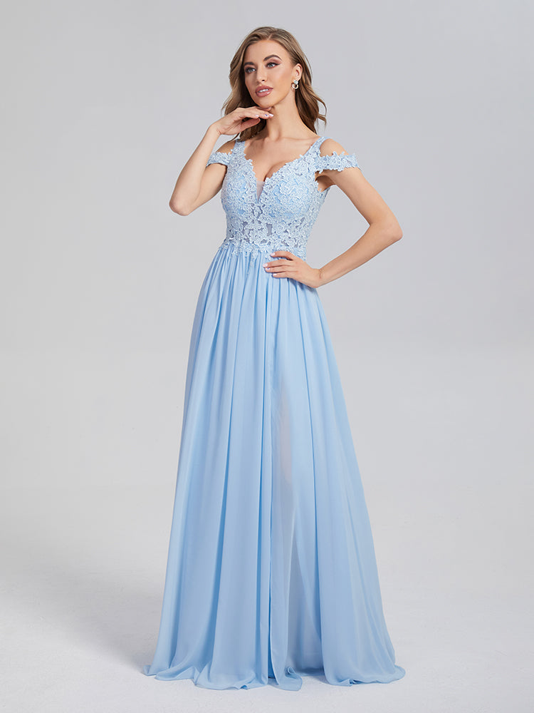 Schulterfreie Chiffon Abendkleider mit Applikationen