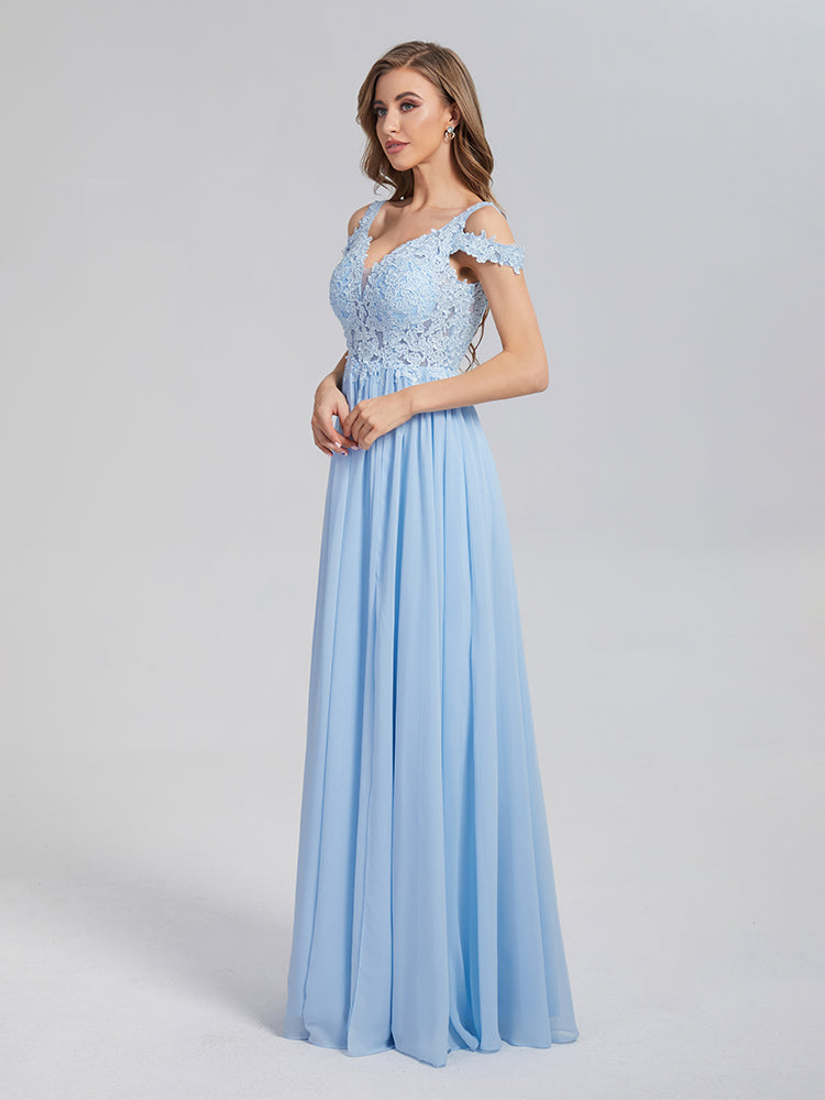 Schulterfreie Chiffon Abendkleider mit Applikationen