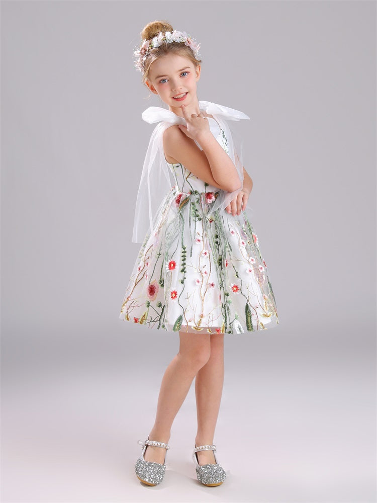 V-Ausschnitt Ärmellos Satin&Tüll&Spitze Kurze Blumenmädchenkleider Mit Schmetterlingsschleife auf den Schultern