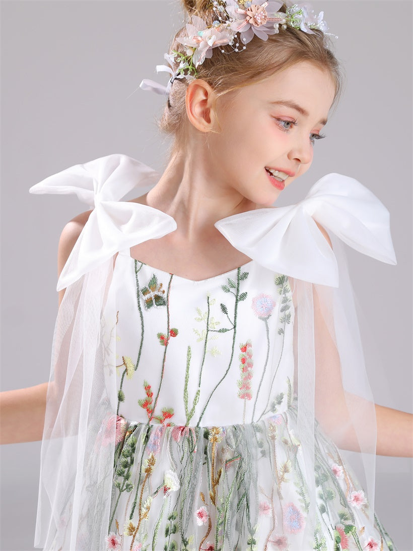 V-Ausschnitt Ärmellos Satin&Tüll&Spitze Kurze Blumenmädchenkleider Mit Schmetterlingsschleife auf den Schultern