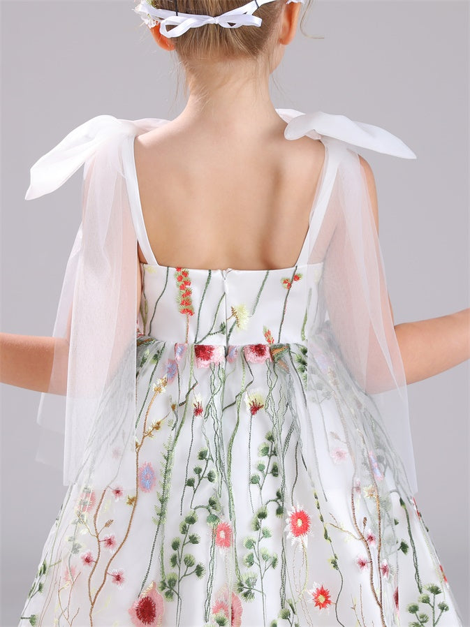 V-Ausschnitt Ärmellos Satin&Tüll&Spitze Kurze Blumenmädchenkleider Mit Schmetterlingsschleife auf den Schultern