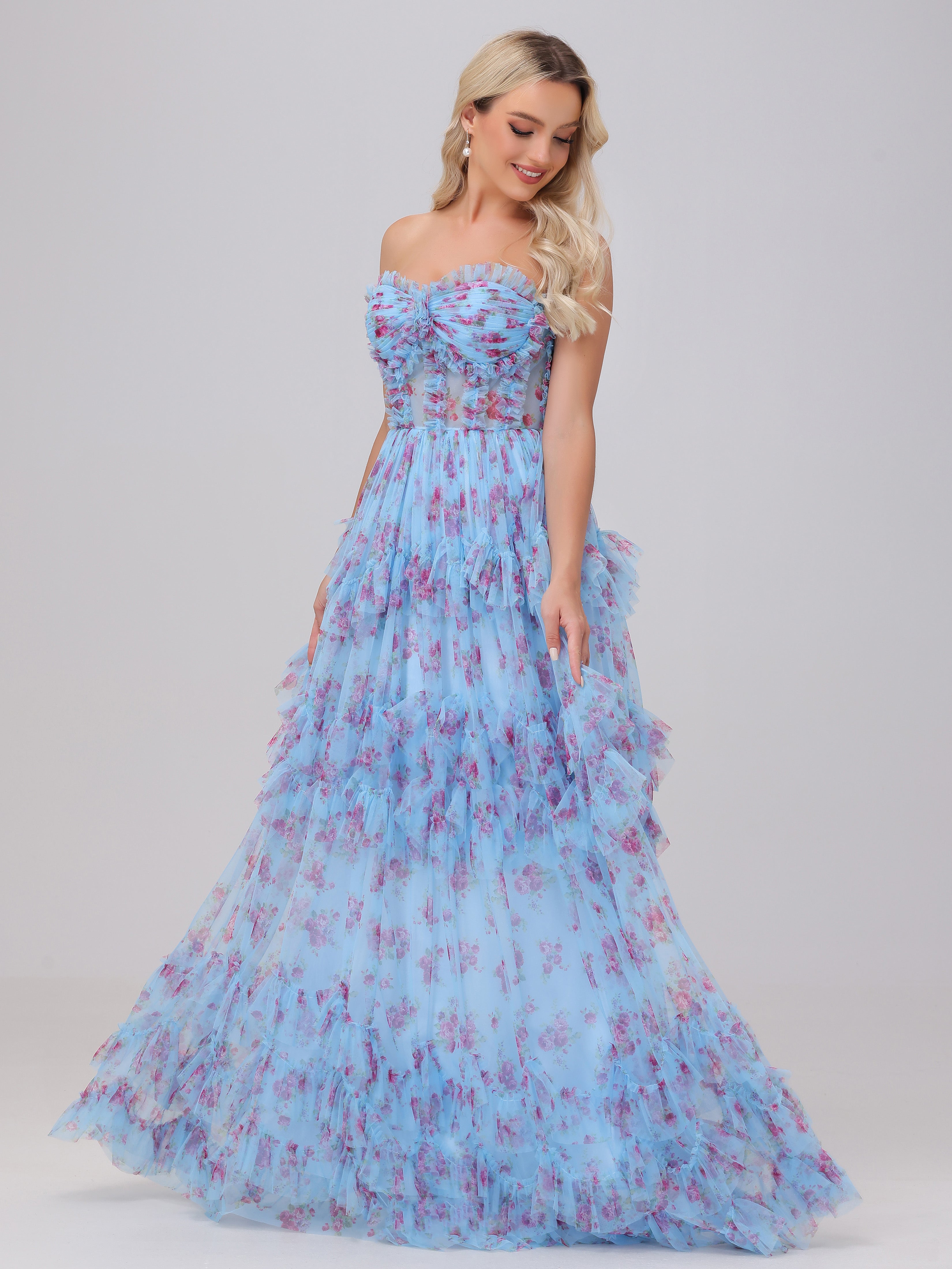 Blau A-Linie Trägerlos Tüll Floral Brautjungfernkleider