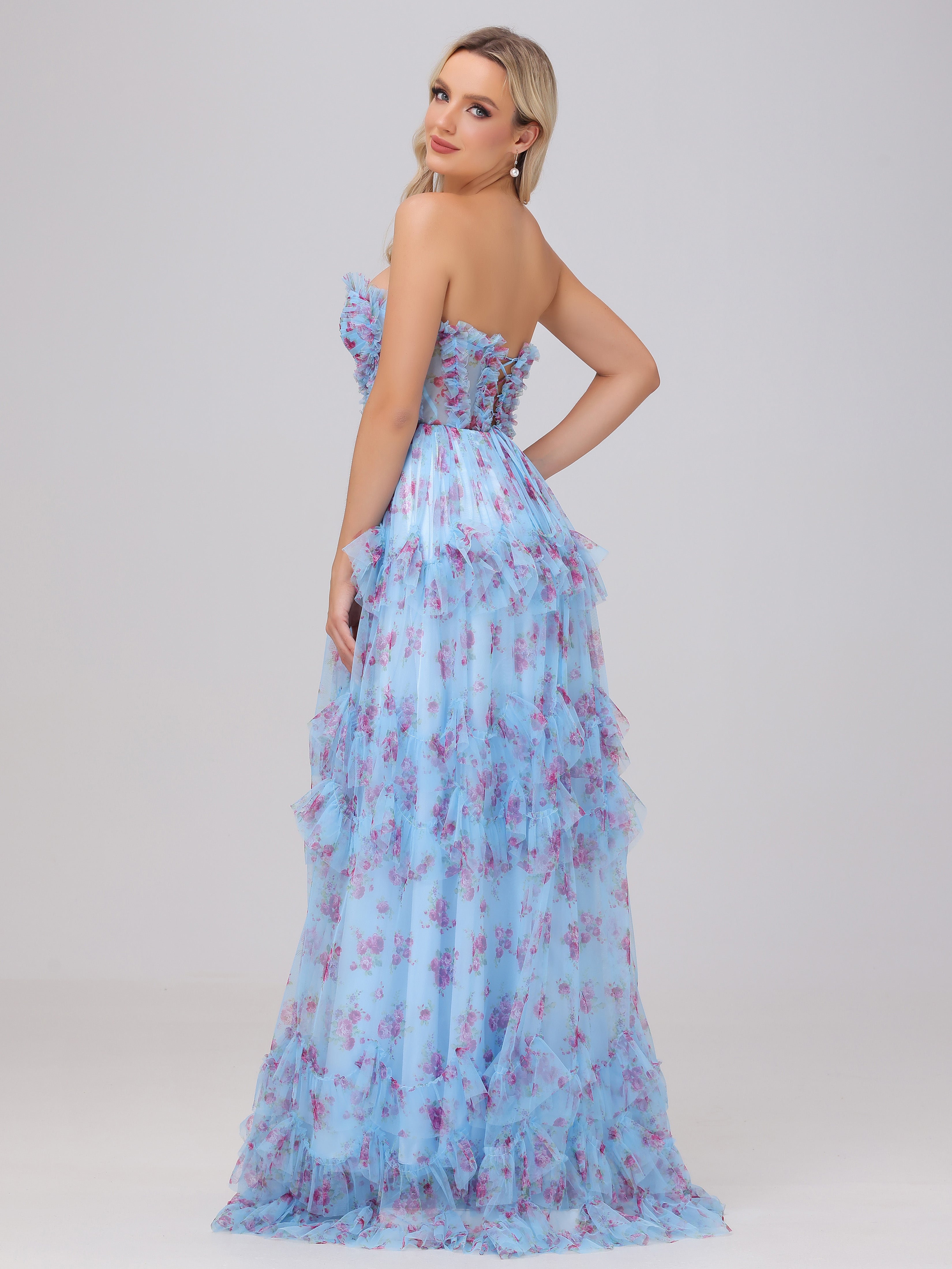 Blau A-Linie Trägerlos Tüll Floral Brautjungfernkleider