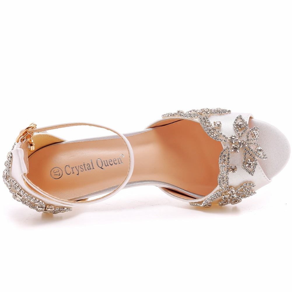 Peep Toe Satin Strass Knöchelriemen High Heels