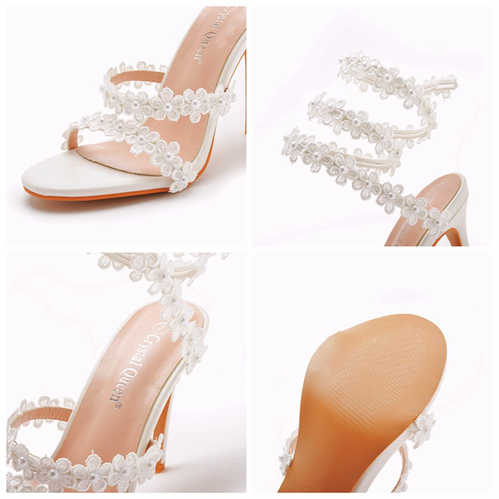 Weiße Blume Knöchelriemen Offene Spitze Ultra High Heels