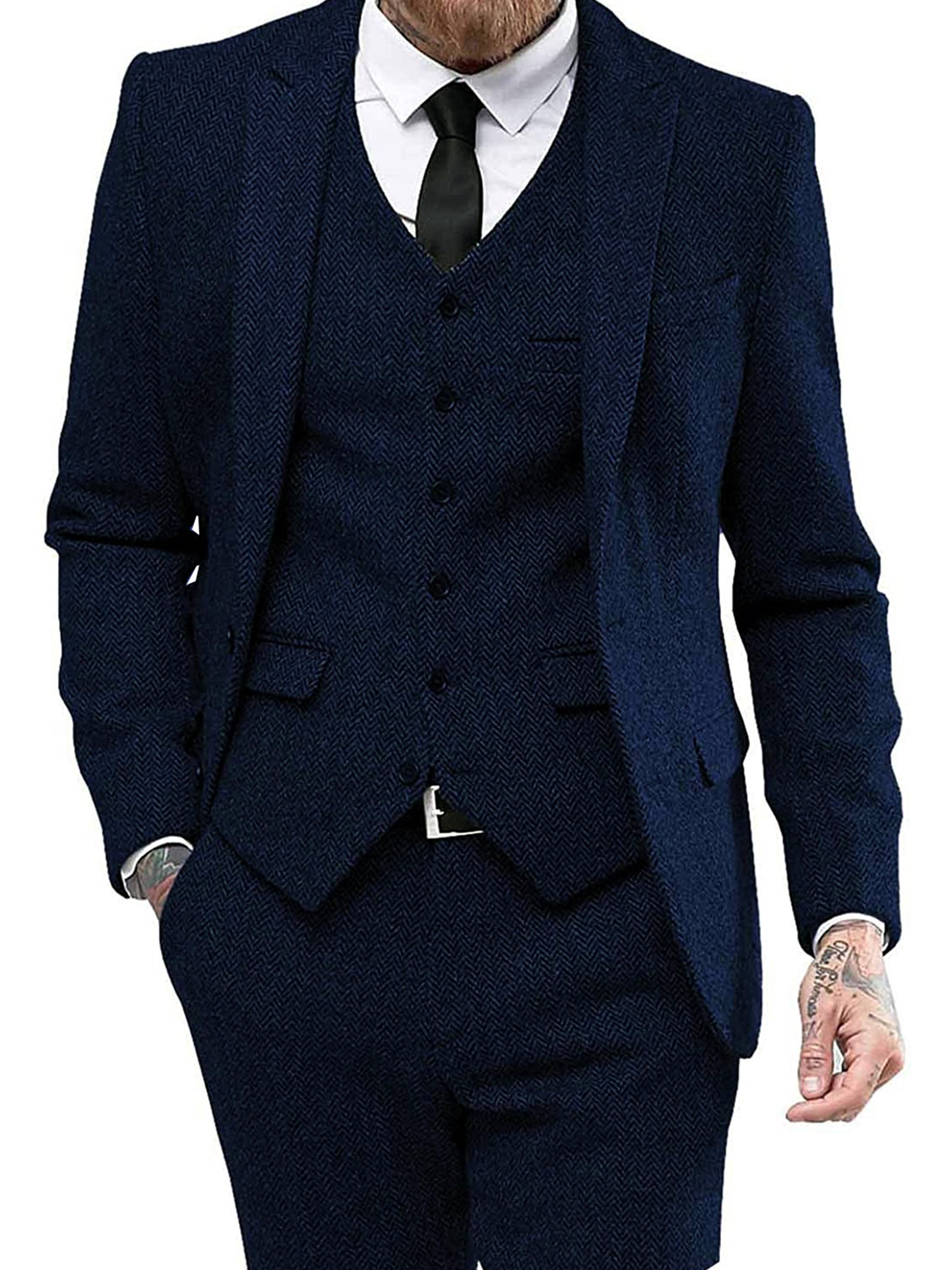 Retro 3 Stück Herren Slim Fit Tweed Herringbone Bräutigam Smokings Prom Anzüge