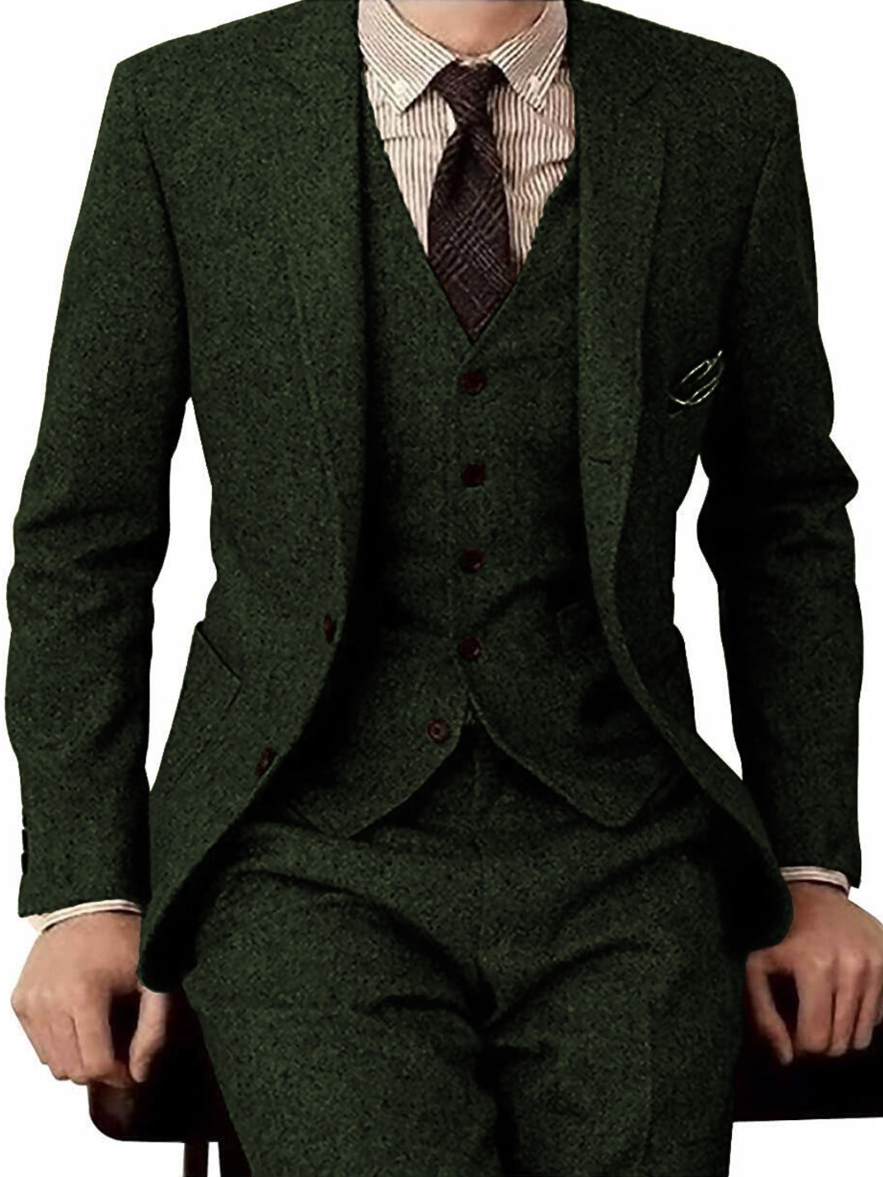 Herren Tweed Herringbone Slim Fit Tan Smokings Hochzeit Vintage 3 Stück Anzug