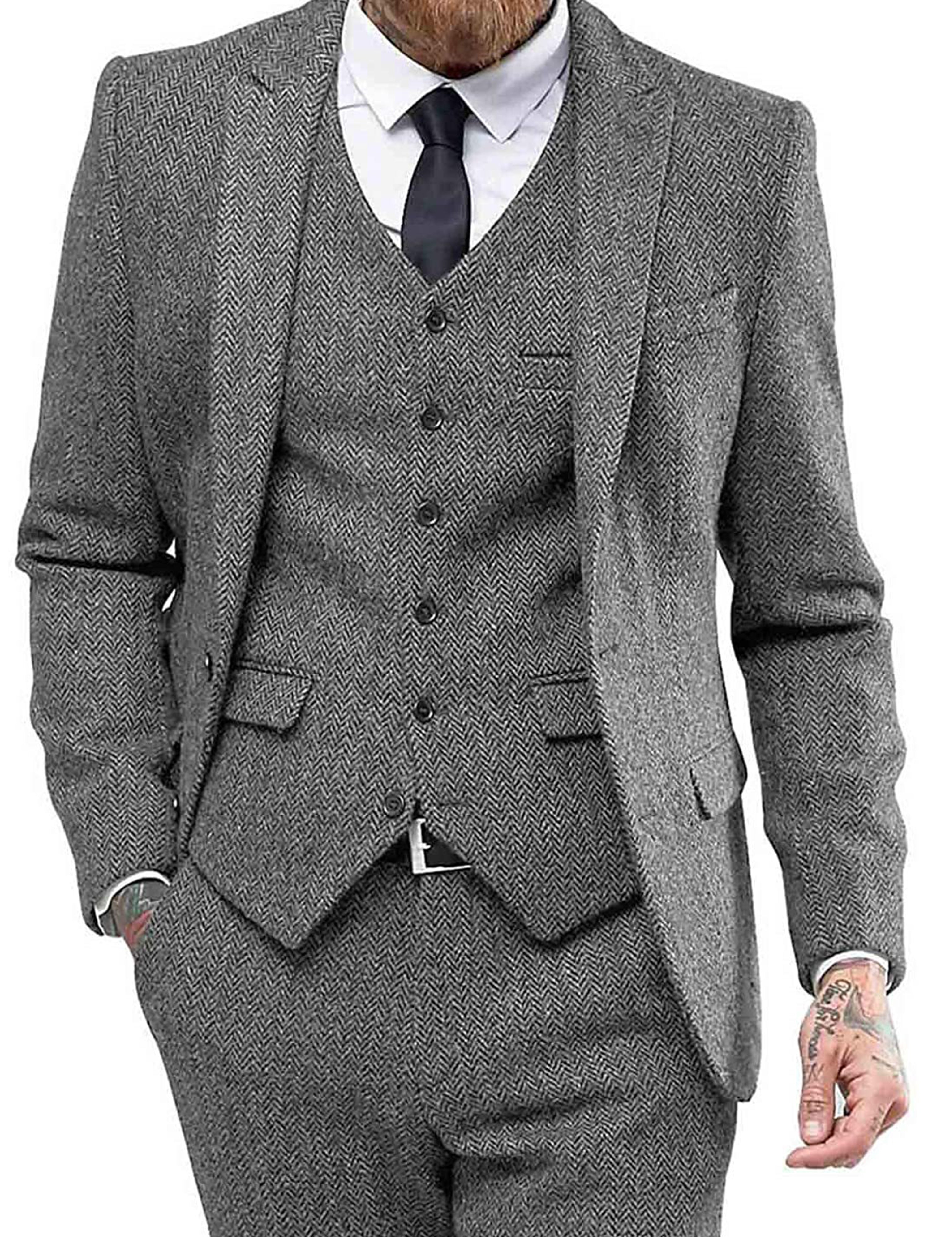Retro 3 Stück Herren Slim Fit Tweed Herringbone Bräutigam Smokings Prom Anzüge