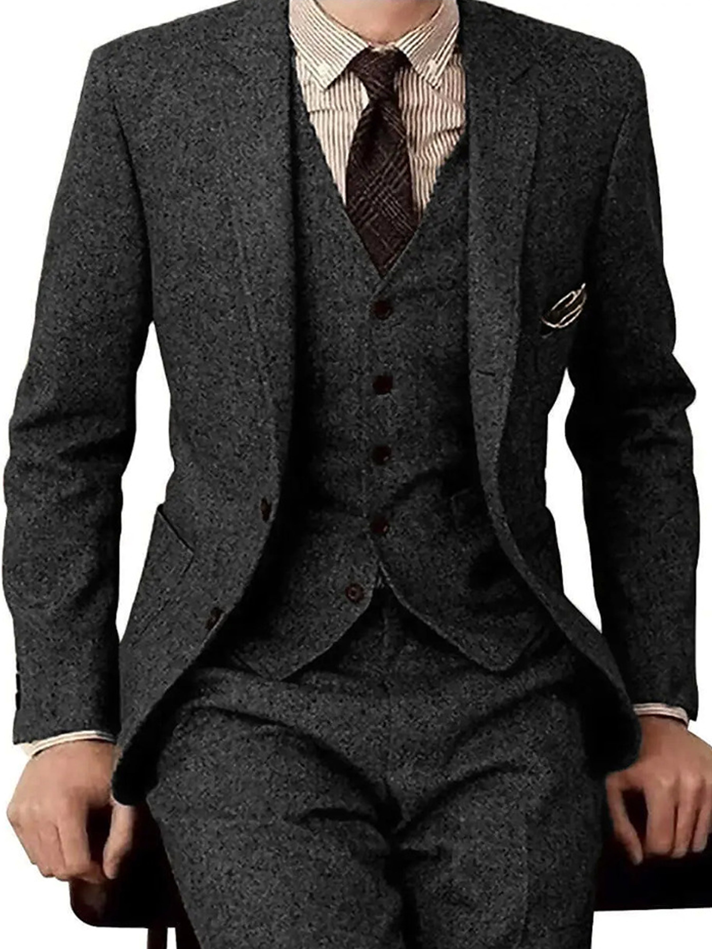 Herren Tweed Herringbone Slim Fit Tan Smokings Hochzeit Vintage 3 Stück Anzug