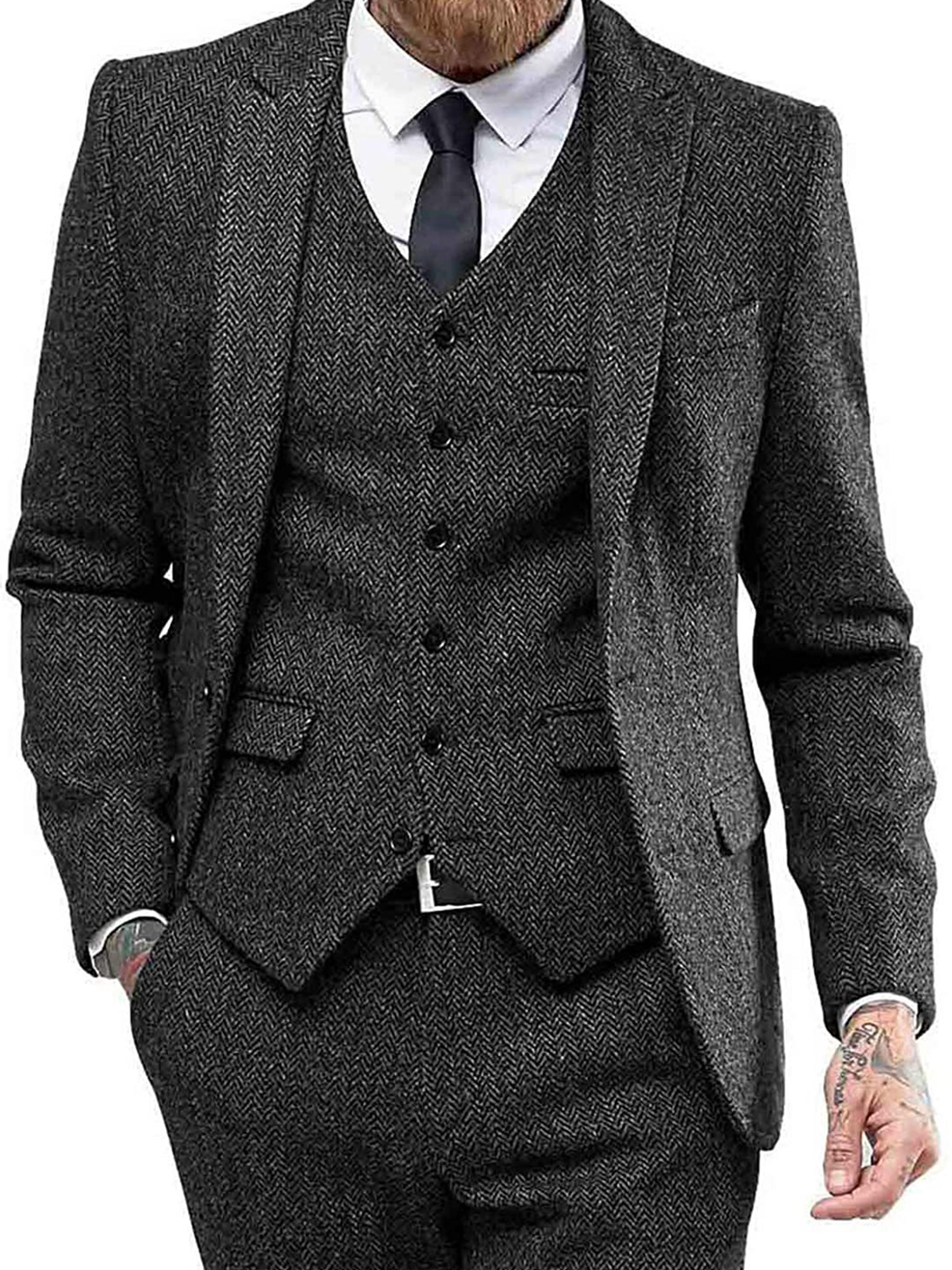 Retro 3 Stück Herren Slim Fit Tweed Herringbone Bräutigam Smokings Prom Anzüge