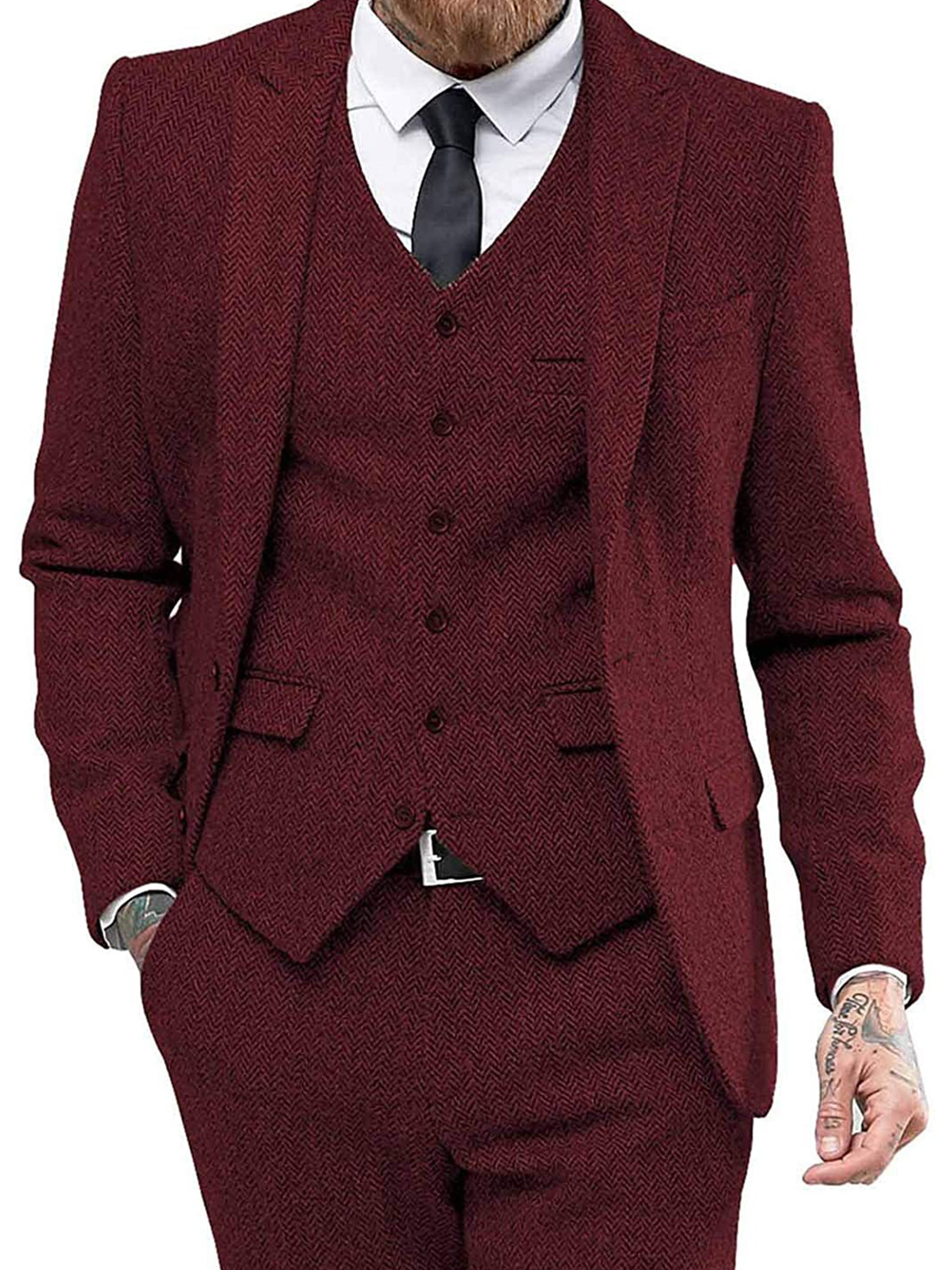 Retro 3 Stück Herren Slim Fit Tweed Herringbone Bräutigam Smokings Prom Anzüge