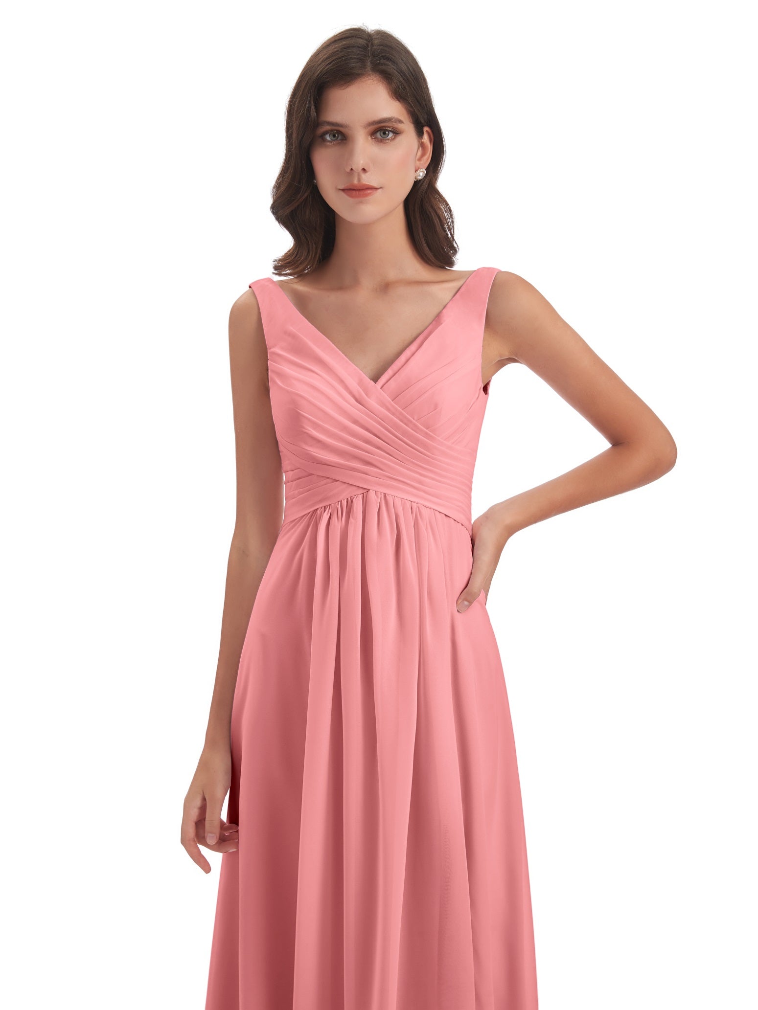 Jurnee Etui-Säule Bodenlange V-Ausschnitt Chiffon Lange Brautjungfernkleider