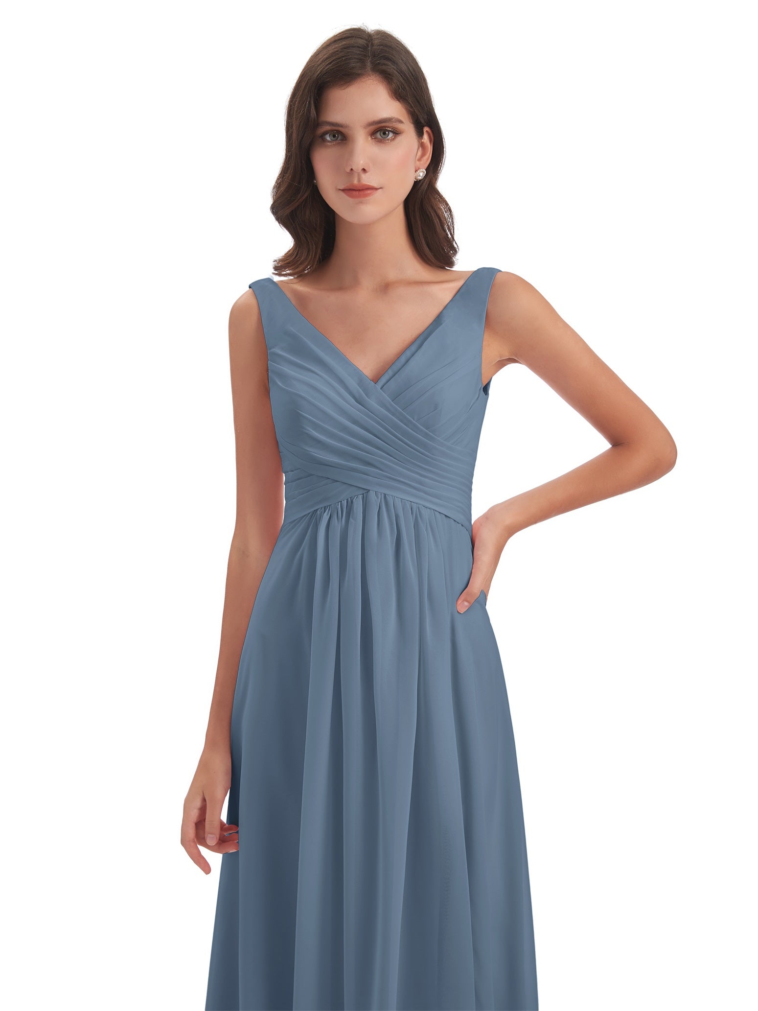 Jurnee Etui-Säule Bodenlange V-Ausschnitt Chiffon Lange Brautjungfernkleider