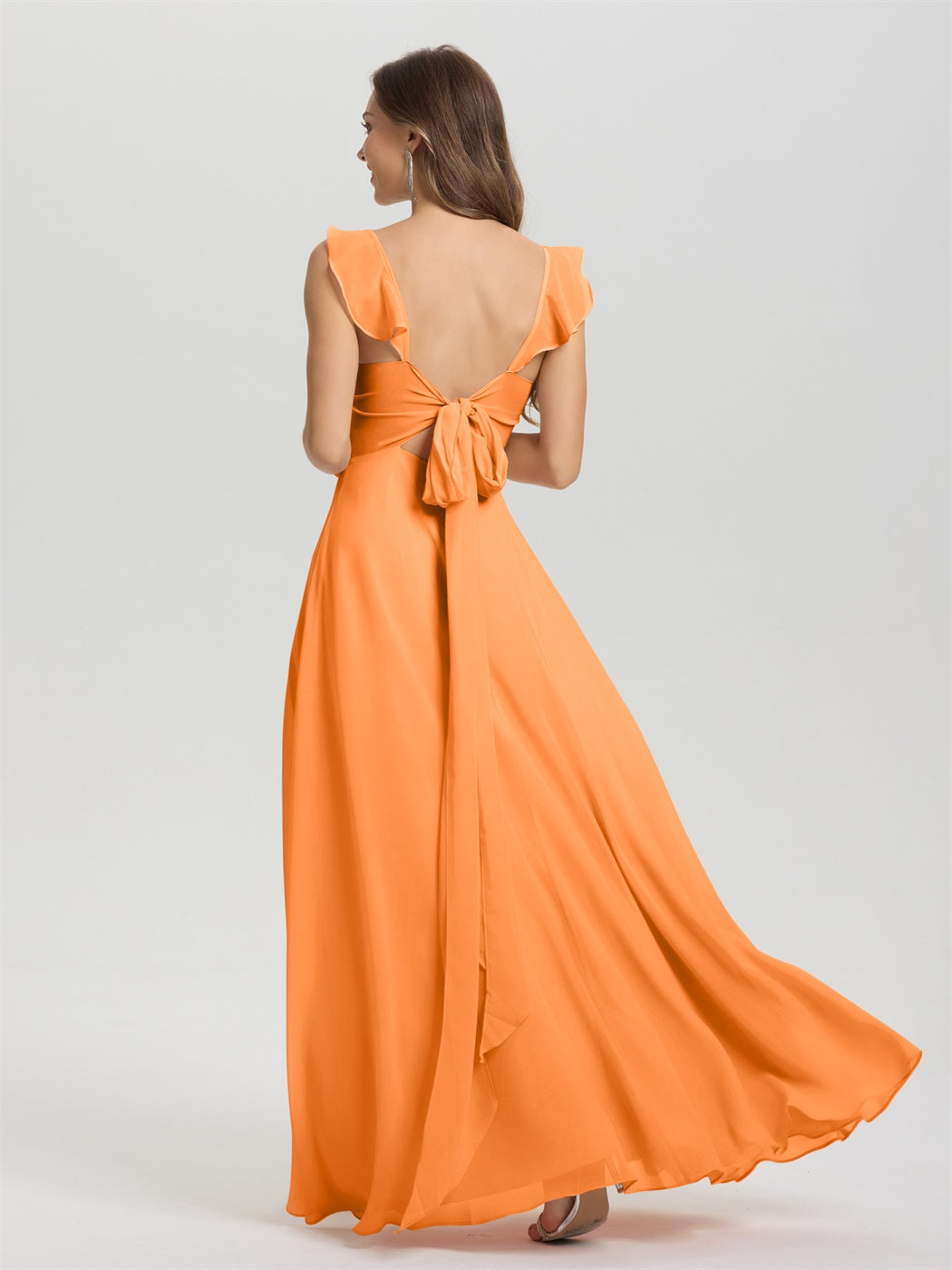 V-Ausschnitt Riemen Rücken Krawatte Boden Länge Chiffon Brautjungfer Kleid mit Schlitz