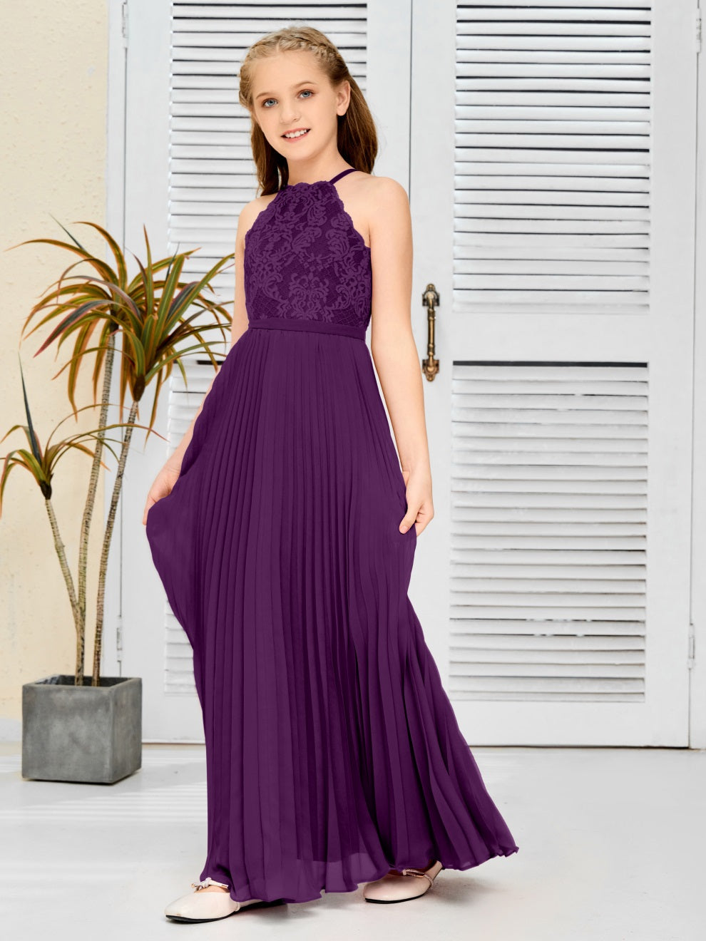 Halter A Linie Chiffon Spitze Junior Brautjungfer Kleid