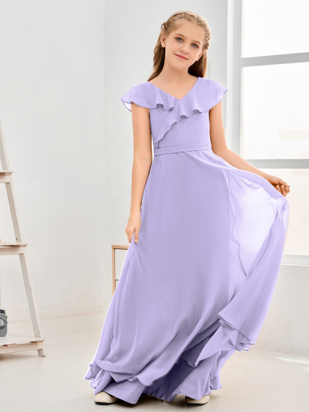 Gewellter V-Ausschnitt Chiffon Junior Brautjungfernkleid
