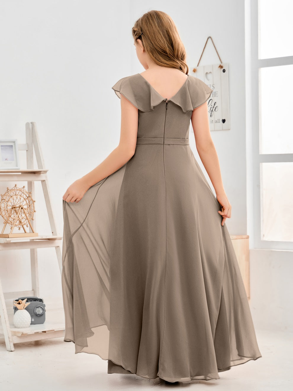 Gewellter V-Ausschnitt Chiffon Junior Brautjungfernkleid