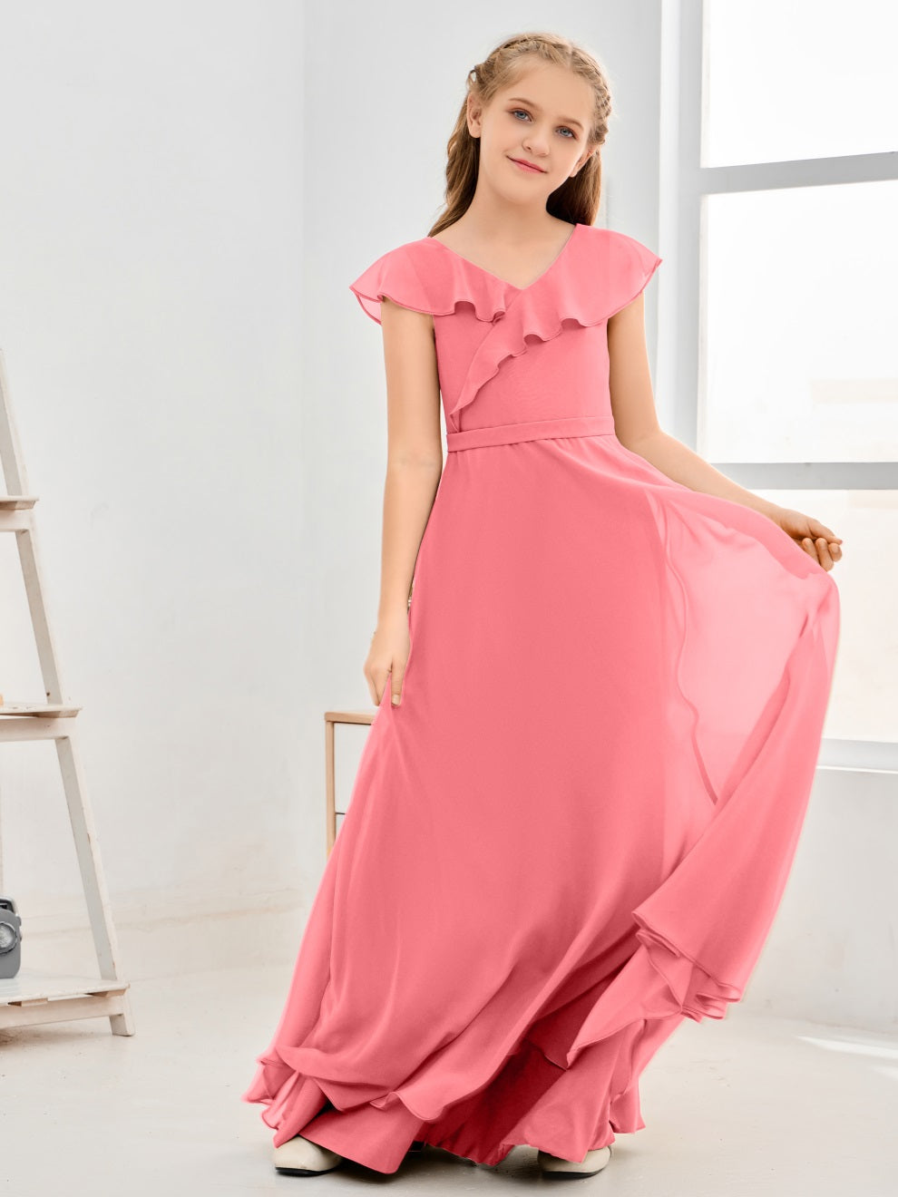Gewellter V-Ausschnitt Chiffon Junior Brautjungfernkleid