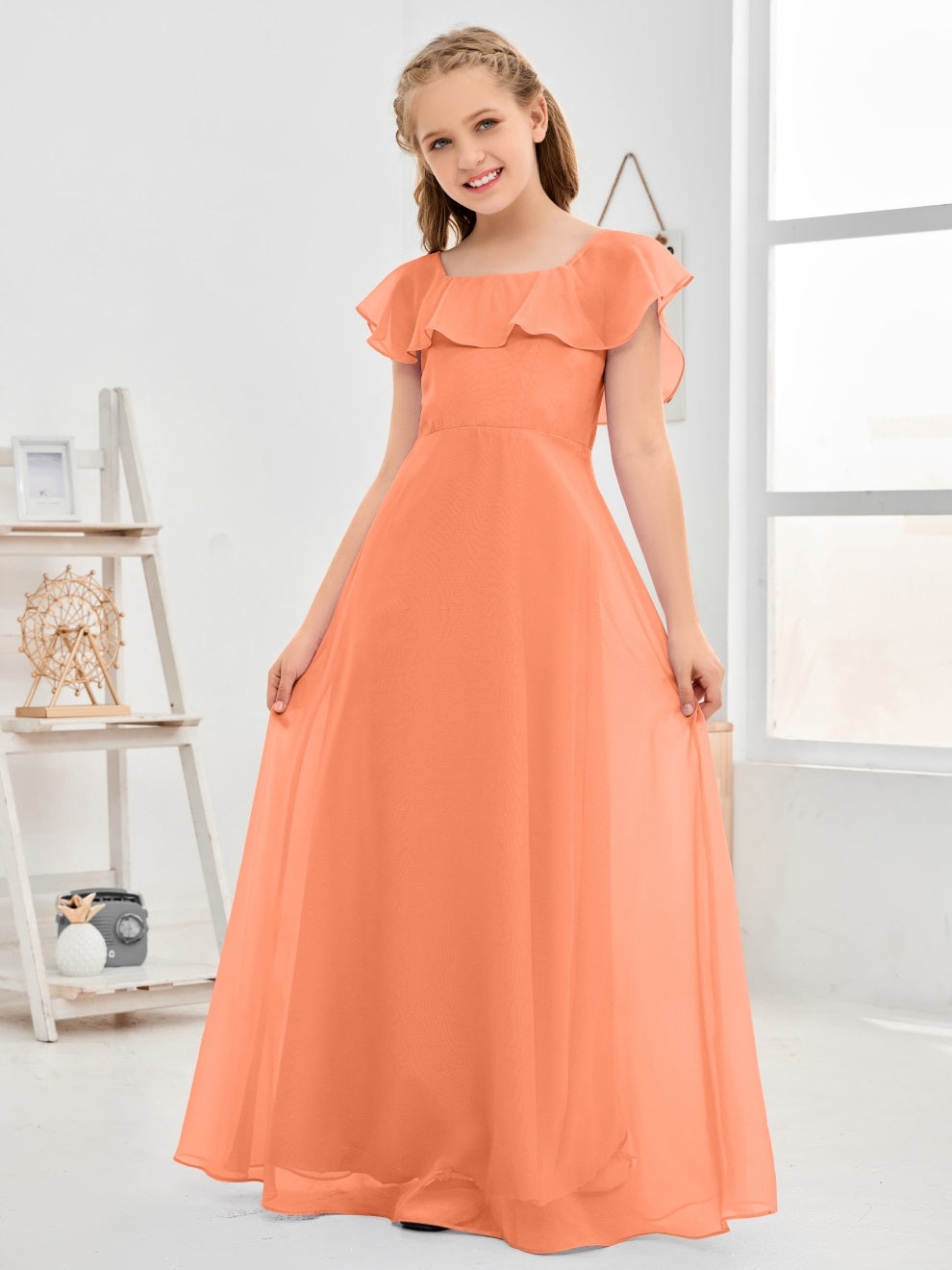 Gewelltes U-Ausschnitt Chiffon Junior Brautjungfernkleid