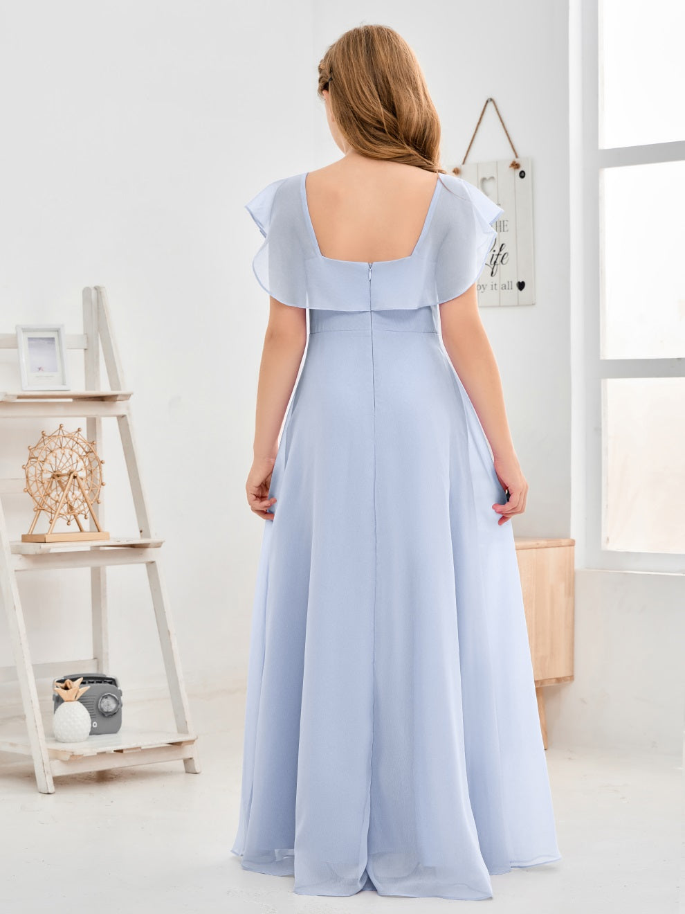 Gewelltes U-Ausschnitt Chiffon Junior Brautjungfernkleid