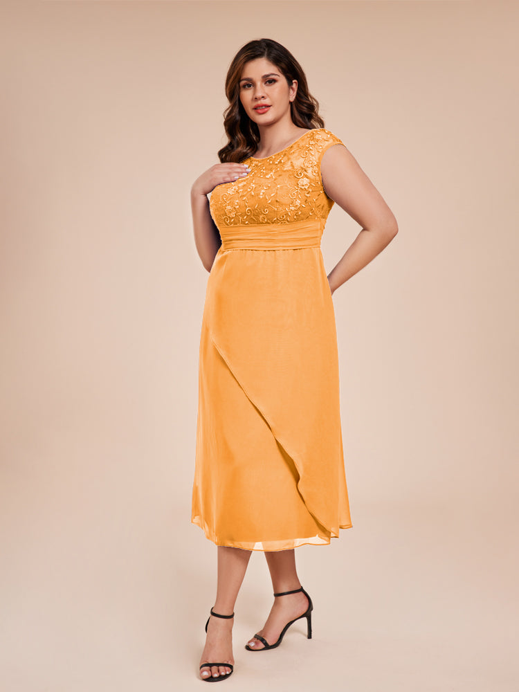 A Line Kappenärmel Rüschen Spitze Mieder Chiffon Mutter der Braut Kleid