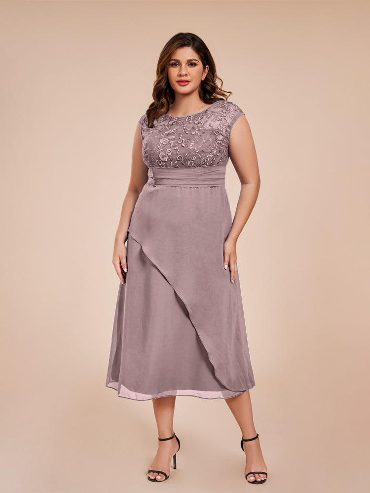 A Line Kappenärmel Rüschen Spitze Mieder Chiffon Mutter der Braut Kleid