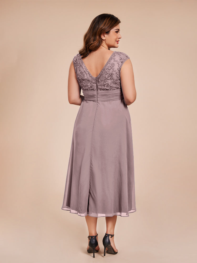 A Line Kappenärmel Rüschen Spitze Mieder Chiffon Mutter der Braut Kleid