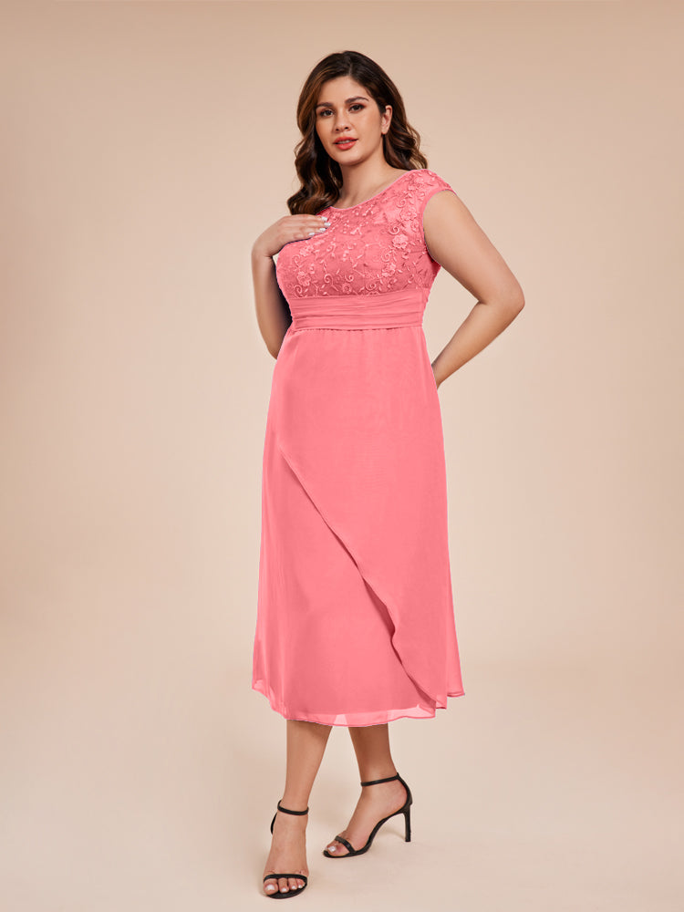 A Line Kappenärmel Rüschen Spitze Mieder Chiffon Mutter der Braut Kleid