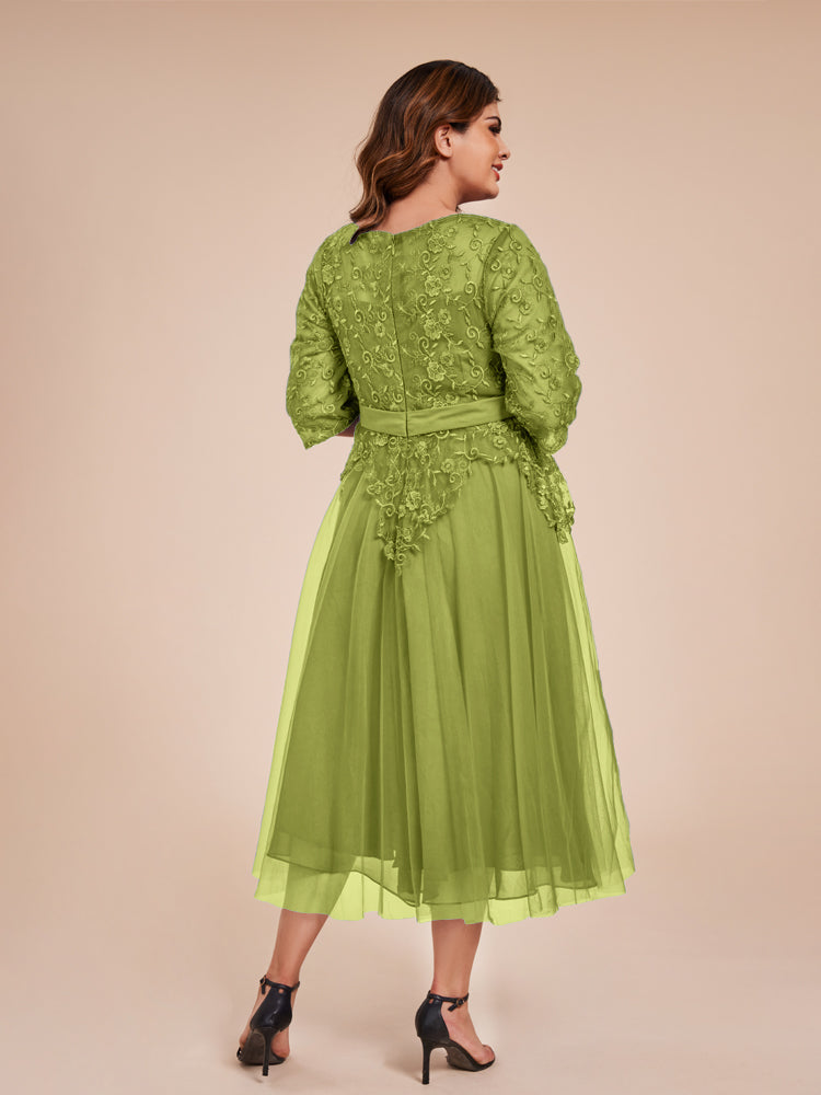 Elegante Illusion Spitze Mieder 3/4 Ärmel Belted Tee Länge Tüll Mutter der Braut Kleid