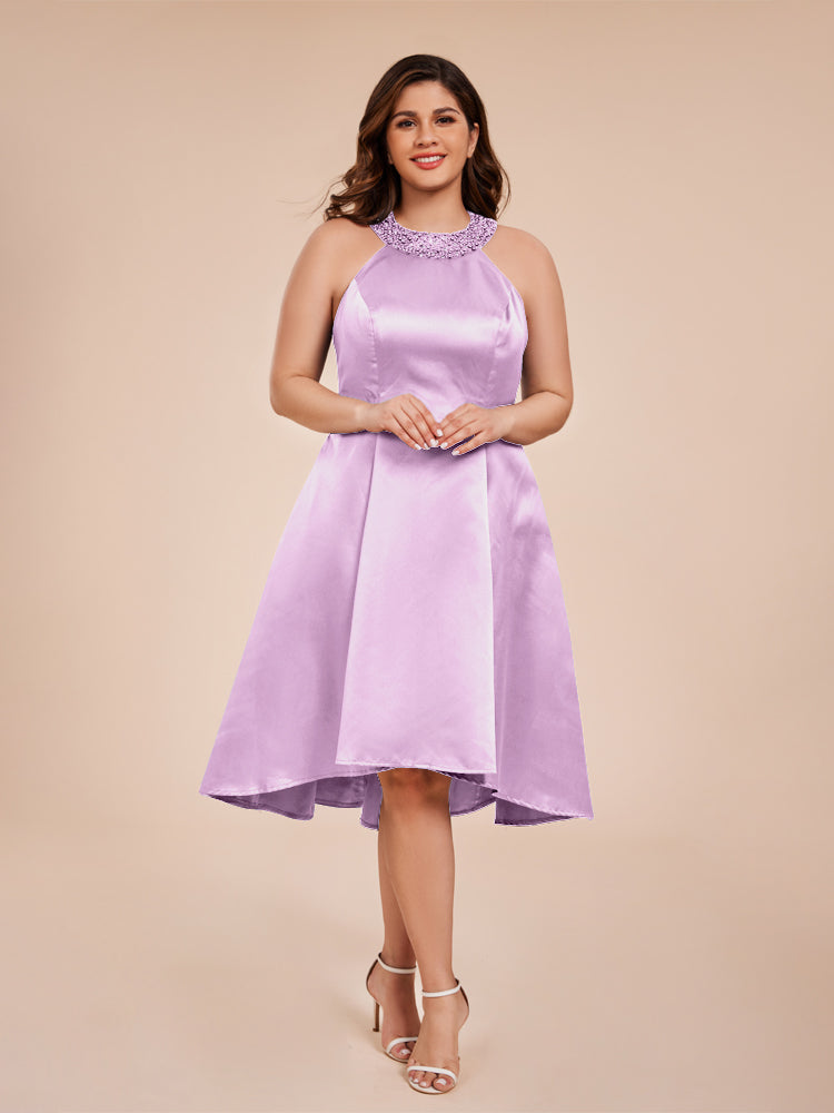 Halter Perlenausschnitt A Linie hoch niedrig Satin Mutter der Braut Kleid