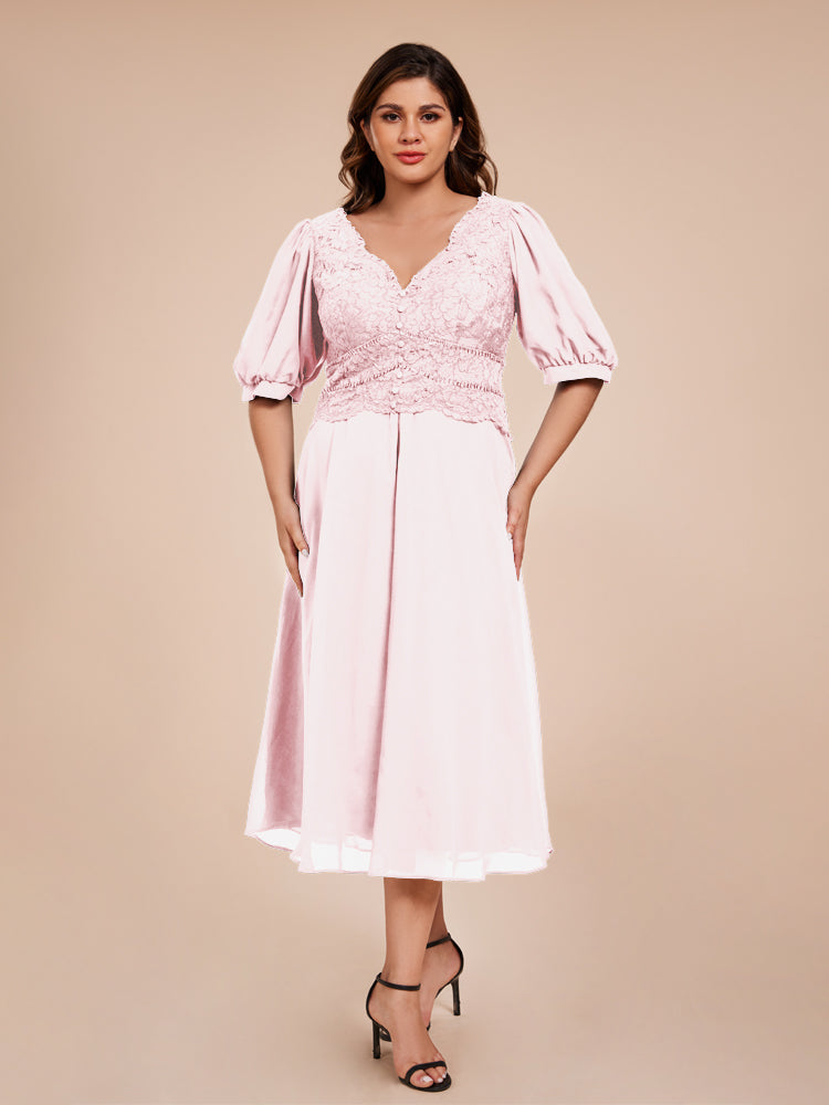 A Line Half Laterne Ärmel V-Ausschnitt Spitze Top Chiffon Mutter der Braut Kleid