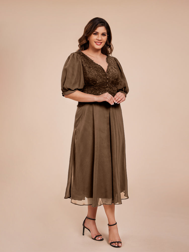 A Line Half Laterne Ärmel V-Ausschnitt Spitze Top Chiffon Mutter der Braut Kleid