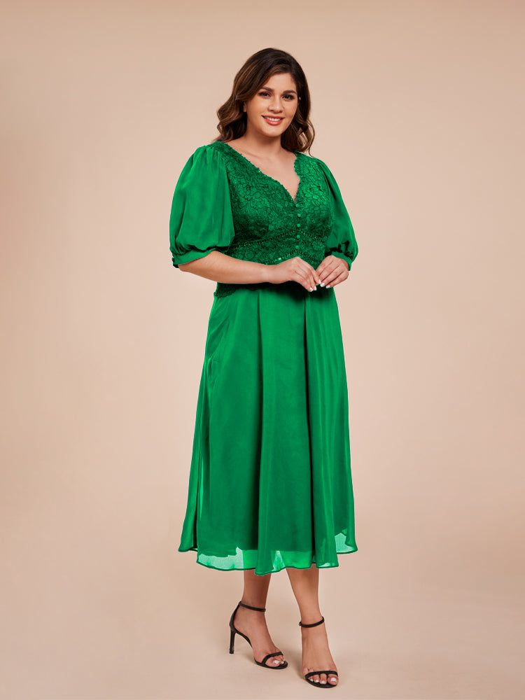 A Line Half Laterne Ärmel V-Ausschnitt Spitze Top Chiffon Mutter der Braut Kleid