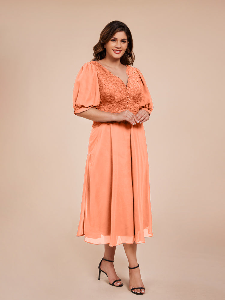 A Line Half Laterne Ärmel V-Ausschnitt Spitze Top Chiffon Mutter der Braut Kleid