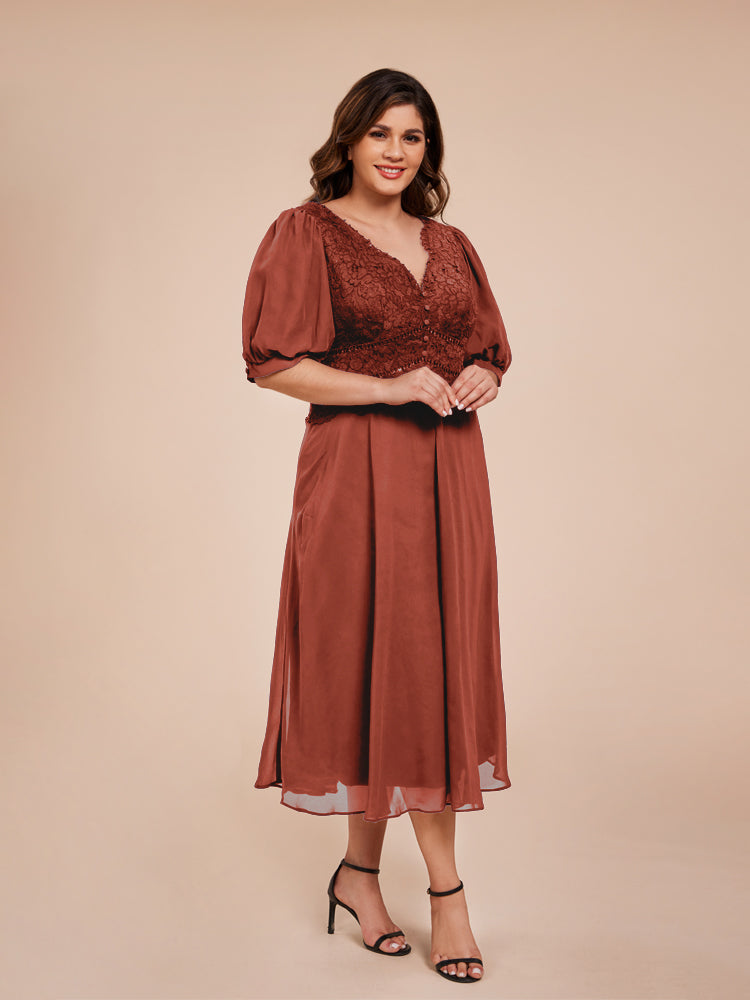 A Line Half Laterne Ärmel V-Ausschnitt Spitze Top Chiffon Mutter der Braut Kleid