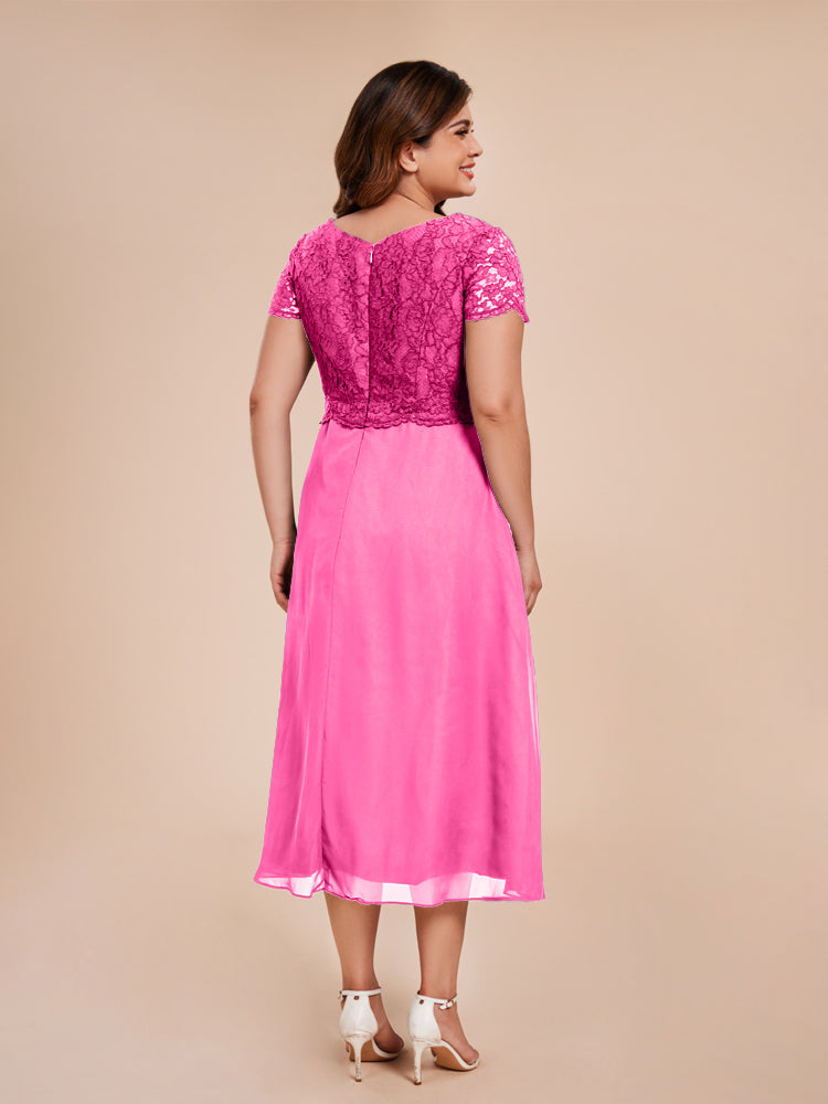 A Line Kurze Ärmel Spitze Mantel geraffte Mutter der Braut Kleid