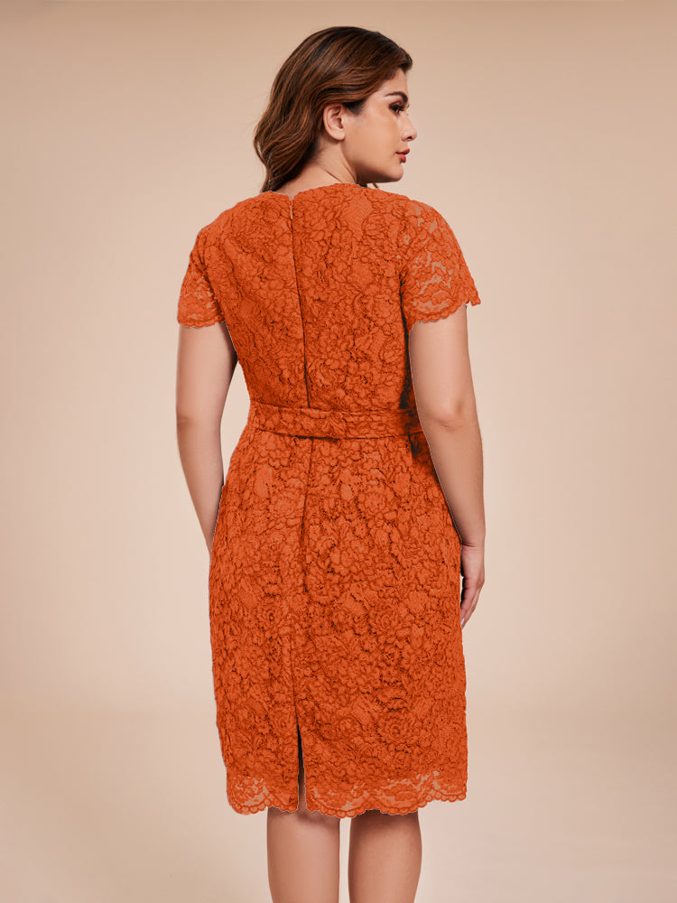 Mantel kurze Ärmel knielang Spitze Mutter der Braut Kleid mit Kristall Gürtel