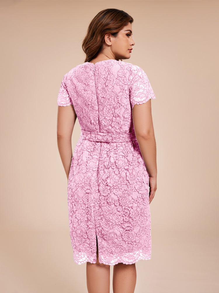 Mantel kurze Ärmel knielang Spitze Mutter der Braut Kleid mit Kristall Gürtel