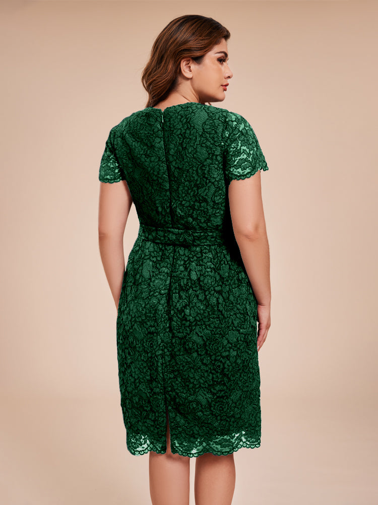Mantel kurze Ärmel knielang Spitze Mutter der Braut Kleid mit Kristall Gürtel
