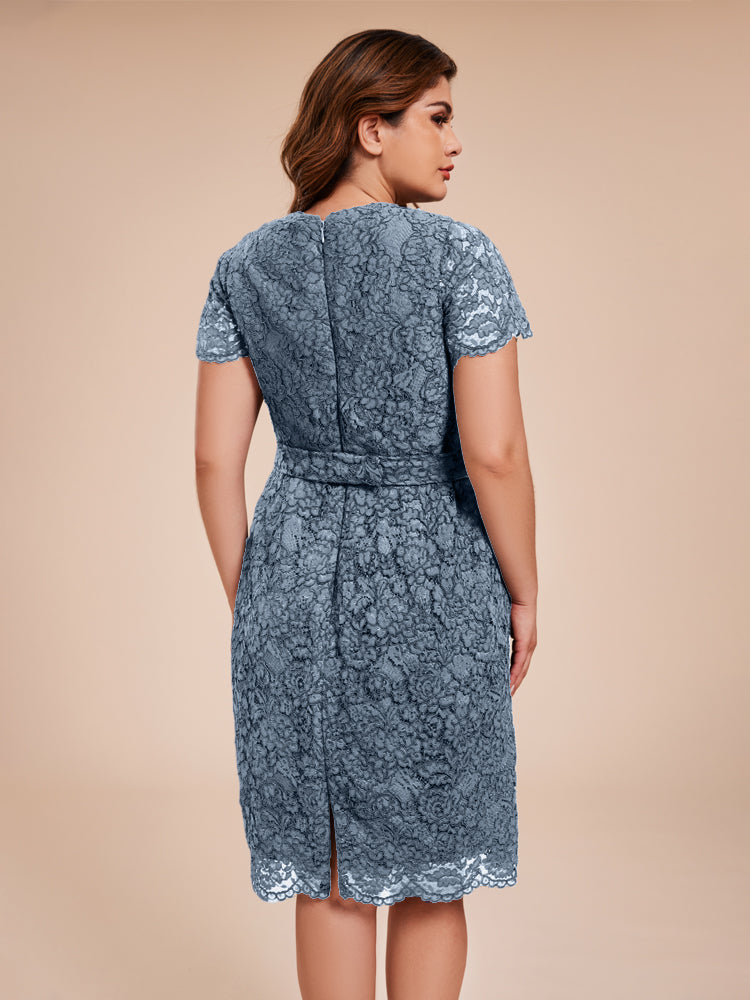 Mantel kurze Ärmel knielang Spitze Mutter der Braut Kleid mit Kristall Gürtel