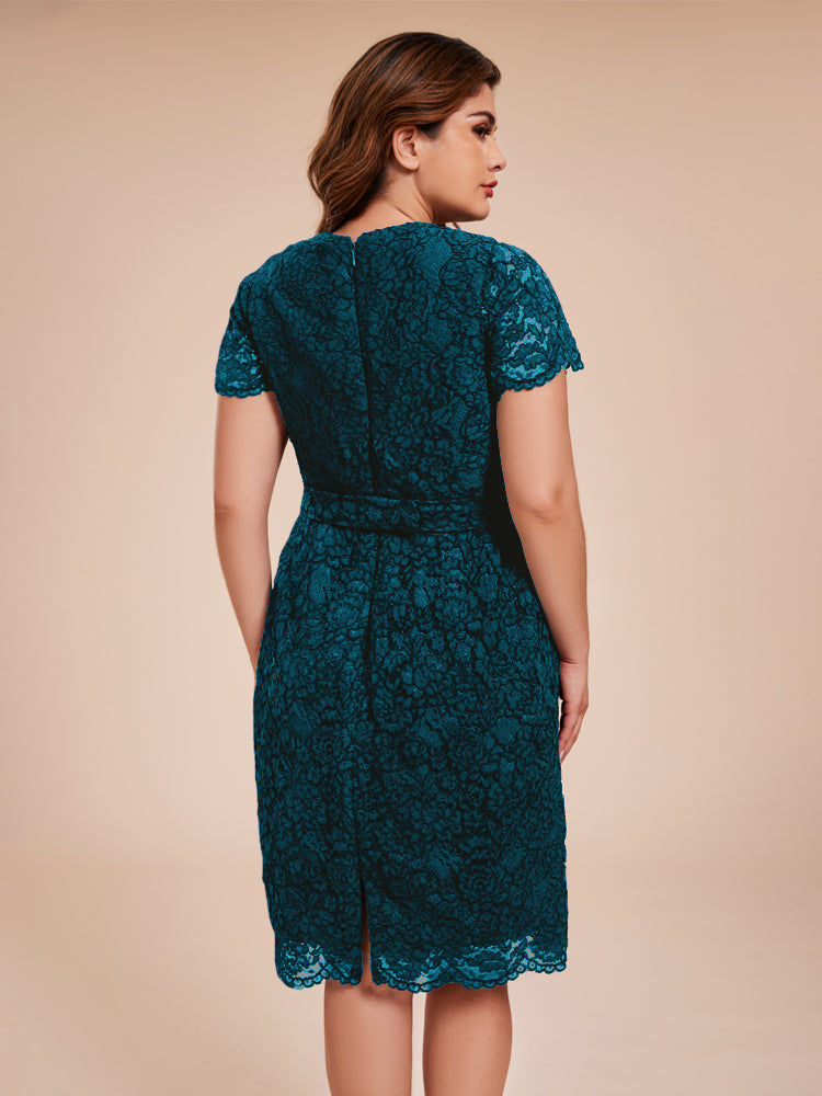 Mantel kurze Ärmel knielang Spitze Mutter der Braut Kleid mit Kristall Gürtel