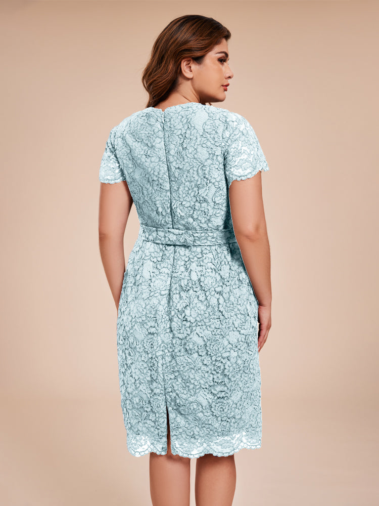 Mantel kurze Ärmel knielang Spitze Mutter der Braut Kleid mit Kristall Gürtel