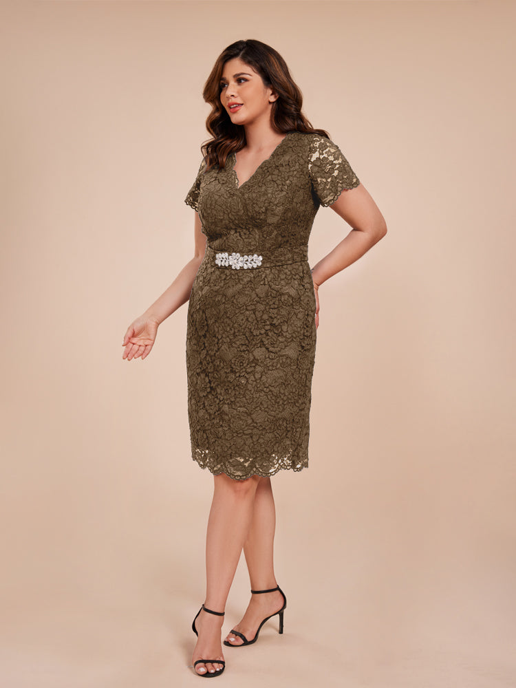 Mantel kurze Ärmel knielang Spitze Mutter der Braut Kleid mit Kristall Gürtel
