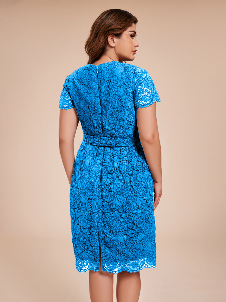 Mantel kurze Ärmel knielang Spitze Mutter der Braut Kleid mit Kristall Gürtel