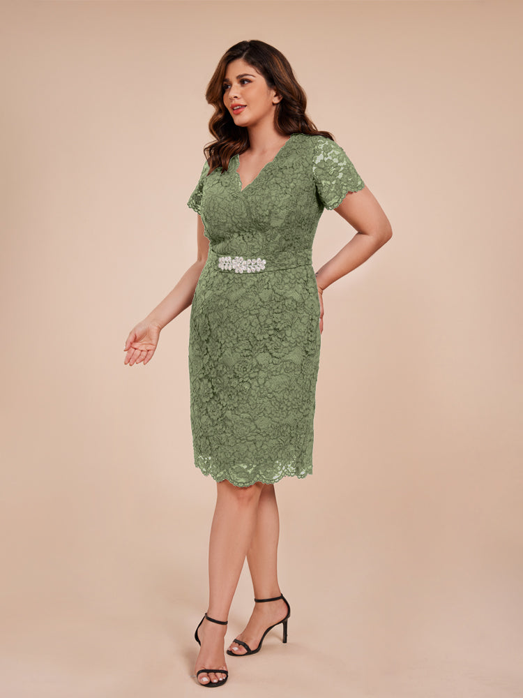Mantel kurze Ärmel knielang Spitze Mutter der Braut Kleid mit Kristall Gürtel