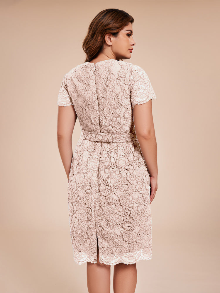 Mantel kurze Ärmel knielang Spitze Mutter der Braut Kleid mit Kristall Gürtel